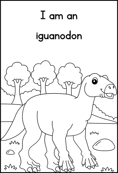 An iguanodon walks on all fours past trees under the words I am an iguanodon.