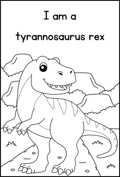 A tyrannosaurus rex with open jaws stands on a path under the words I am a tyrannosaurus rex.
