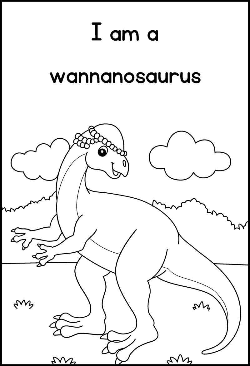 A wannanosaurus stands on two legs under clouds and the words I am a wannanosaurus.