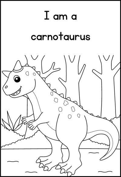 A carnotaurus with two brow horns stands among bare trees under the words I am a carnotaurus.
