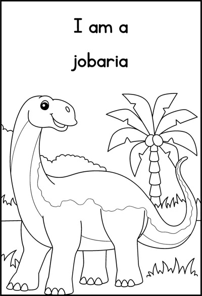 A long-necked jobaria stands beside a palm tree under the words I am a jobaria.