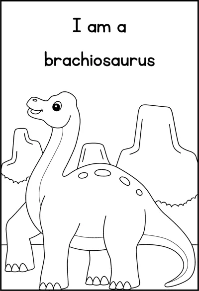 A tall brachiosaurus stands among rock pillars under the words I am a brachiosaurus.