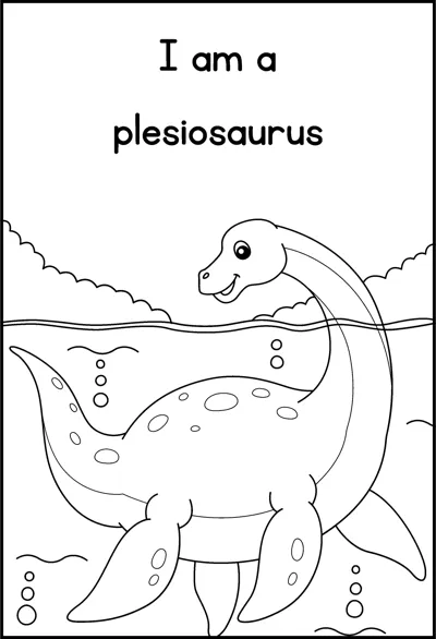 A plesiosaurus with flippers swims through water with bubbles under the words I am a plesiosaurus.