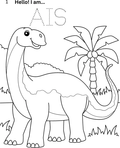 A long-necked dinosaur beside a palm tree, with the name Ais in dotted letters to trace above.