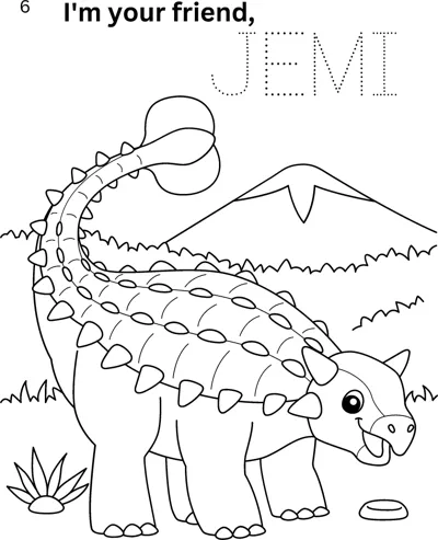 An armored ankylosaurus stands near a mountain, with the name Jemi in dotted letters to trace above.