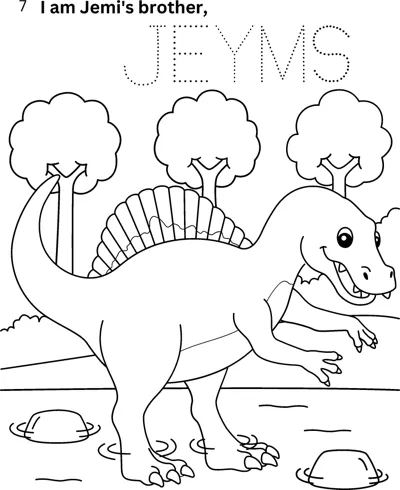 A spinosaurus with a back sail stands among trees, with the name Jeyms in dotted letters to trace above.