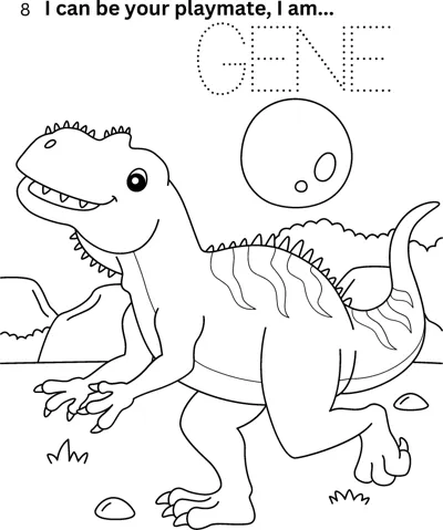 A striped T-rex walks under a large moon, with the name Gene in dotted letters to trace above.