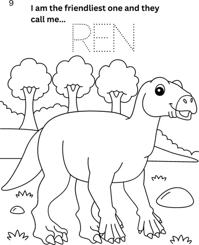 An iguanodon walks past trees, with the name Ren in dotted letters to trace above.