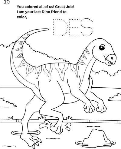 A striped raptor runs near water and rocks, with the name Des in dotted letters to trace above.