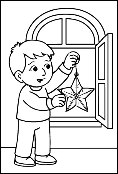 A boy hangs a star-shaped lantern from an open window.