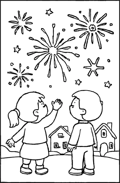 Two children point up at fireworks bursting over houses.