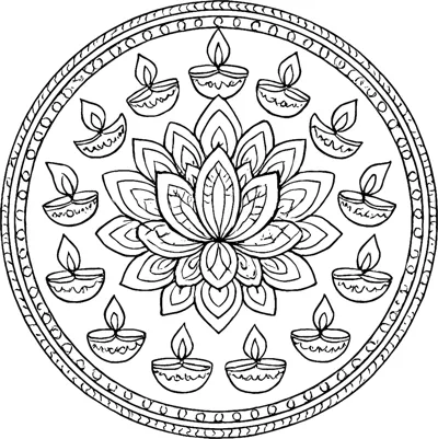 A round rangoli with a lotus in the centre and rings of diya lamps.