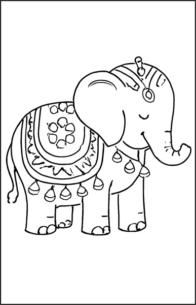 An elephant wears a patterned blanket, bells and a headpiece.