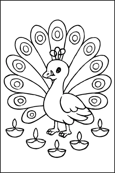 A peacock spreads its tail feathers above a semicircle of diya lamps.
