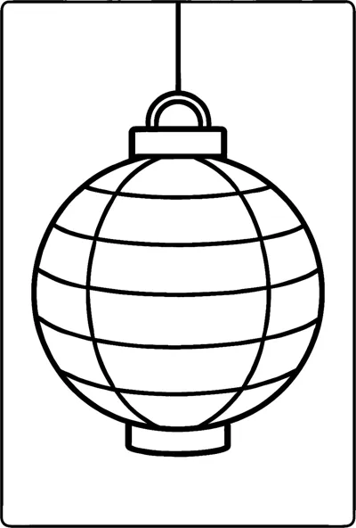 A round paper lantern with horizontal bands hangs from a string inside a simple frame.