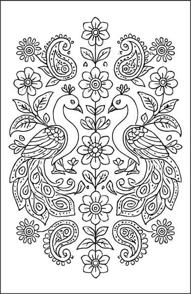 Two mirrored peacocks face each other among flowers and paisleys.