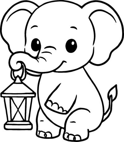 A cute baby elephant holds a small lantern in its curled trunk.