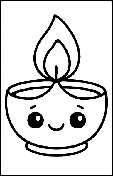 A cute diya lamp with big eyes and a smile holds a single flame.