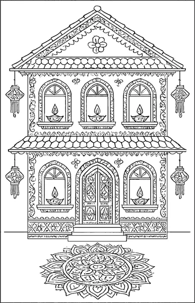 An ornate house with lamps on each window ledge and a rangoli at the door.