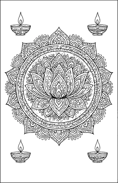 A detailed lotus mandala with diya lamps in each corner.