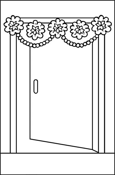 A front door decorated with a marigold flower toran across the top.