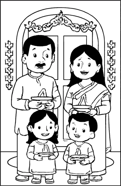 A mother, father and two children hold diya lamps at a garlanded front door.