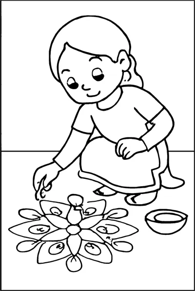 A girl kneels on the floor drawing a flower rangoli with coloured powder.