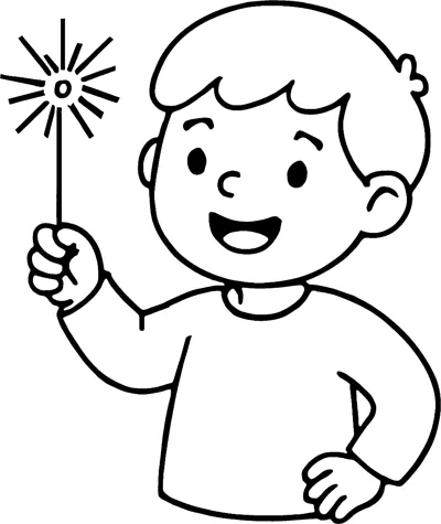 A smiling boy holds up a sparkler with one hand.