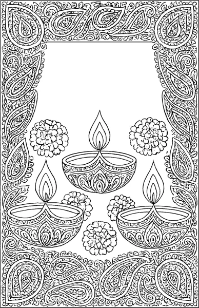 A paisley border frames three diya lamps and marigold flowers.