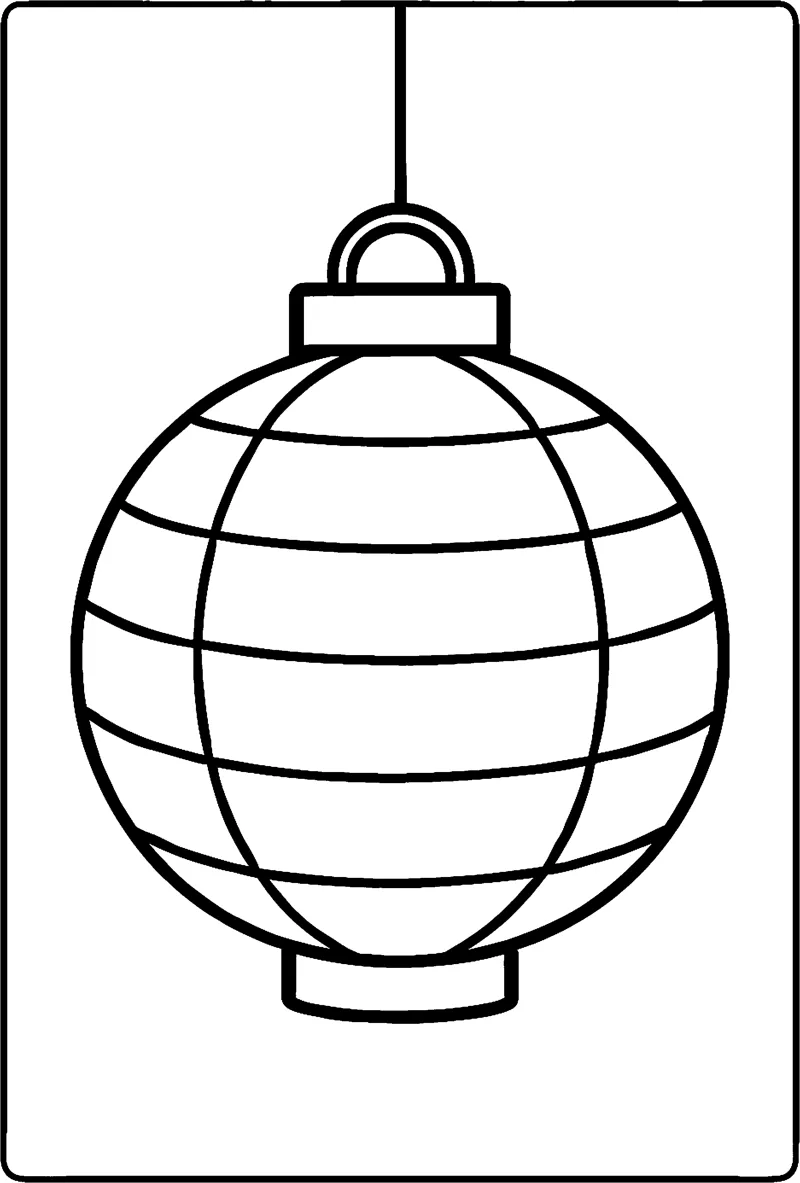 A round paper lantern with horizontal bands hangs from a string inside a simple frame.