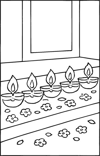 Five lit diya lamps sit in a row on a doorstep scattered with flower petals.