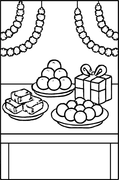 A table holds plates of sweets and a wrapped gift under hanging garlands.