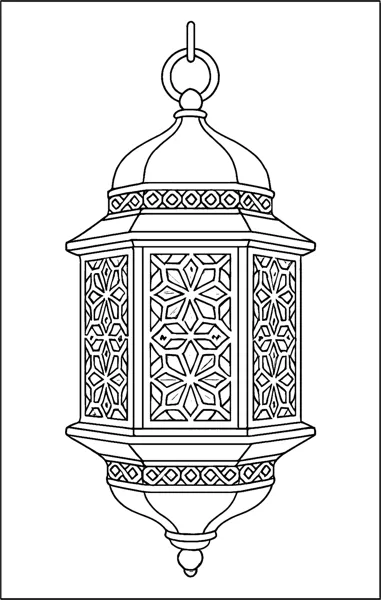 A tall metal lantern with geometric cut-out panels hangs from a ring.