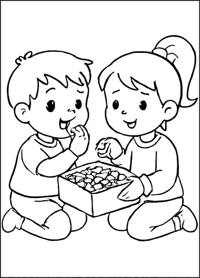 A boy and a girl kneel together and share sweets from a box.