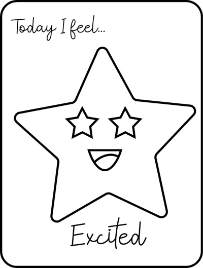 A large star with star-shaped eyes and an open smile under the words Today I feel, labelled Excited.