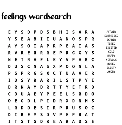 A grid of letters with a list of feeling words to find, headed feelings wordsearch.