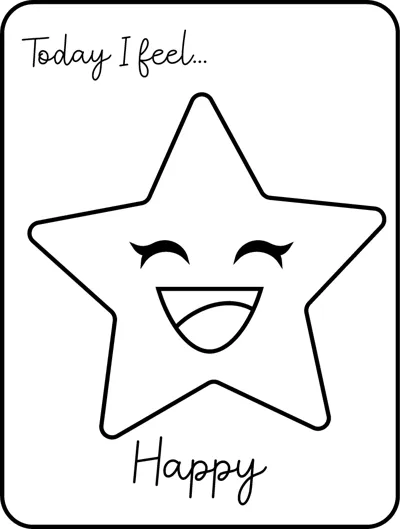 A large star with a laughing face under the words Today I feel, labelled Happy.