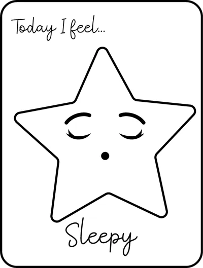 A large star with closed eyes and a small round mouth under the words Today I feel, labelled Sleepy.