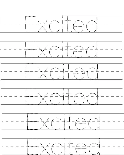 Six rows of dotted handwriting lines with the word Excited to trace on each.