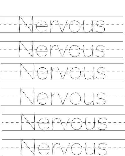 Six rows of dotted handwriting lines with the word Nervous to trace on each.