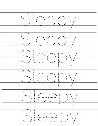 Six rows of dotted handwriting lines with the word Sleepy to trace on each.