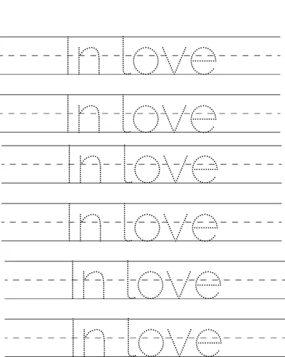 Six rows of dotted handwriting lines with the words In love to trace on each.