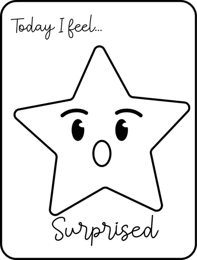 A large star with wide eyes and a small open mouth under the words Today I feel, labelled Surprised.