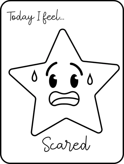 A large star with worried eyes, sweat drops and a wavy mouth under the words Today I feel, labelled Scared.