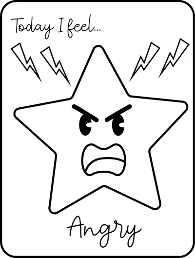 A large star with furrowed brows, gritted teeth and lightning bolts under the words Today I feel, labelled Angry.