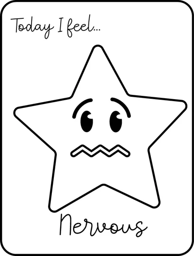 A large star with sideways eyes and a wobbly mouth under the words Today I feel, labelled Nervous.