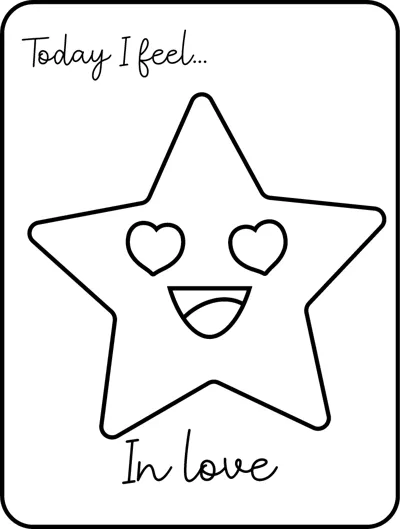 A large star with heart-shaped eyes and a happy smile under the words Today I feel, labelled In love.