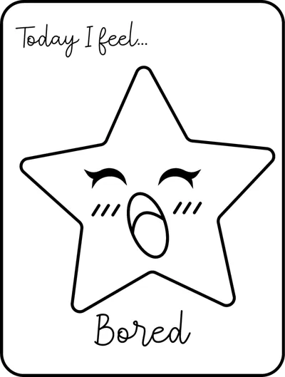 A large star with closed eyes and a wide yawning mouth under the words Today I feel, labelled Bored.