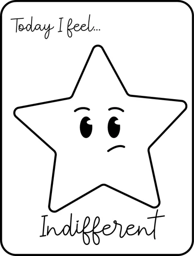 A large star with eyes looking sideways and a flat mouth under the words Today I feel, labelled Indifferent.