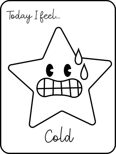 A large star with chattering teeth and sweat drops under the words Today I feel, labelled Cold.